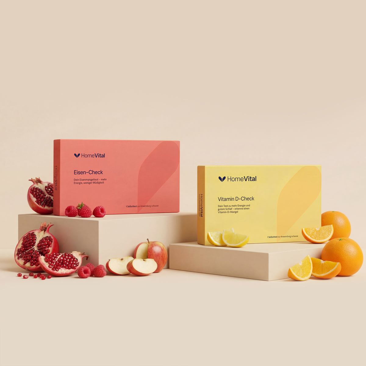 HomeVital Eisen-Check und Vitamin D-Check mit Granatapfel und Orangen