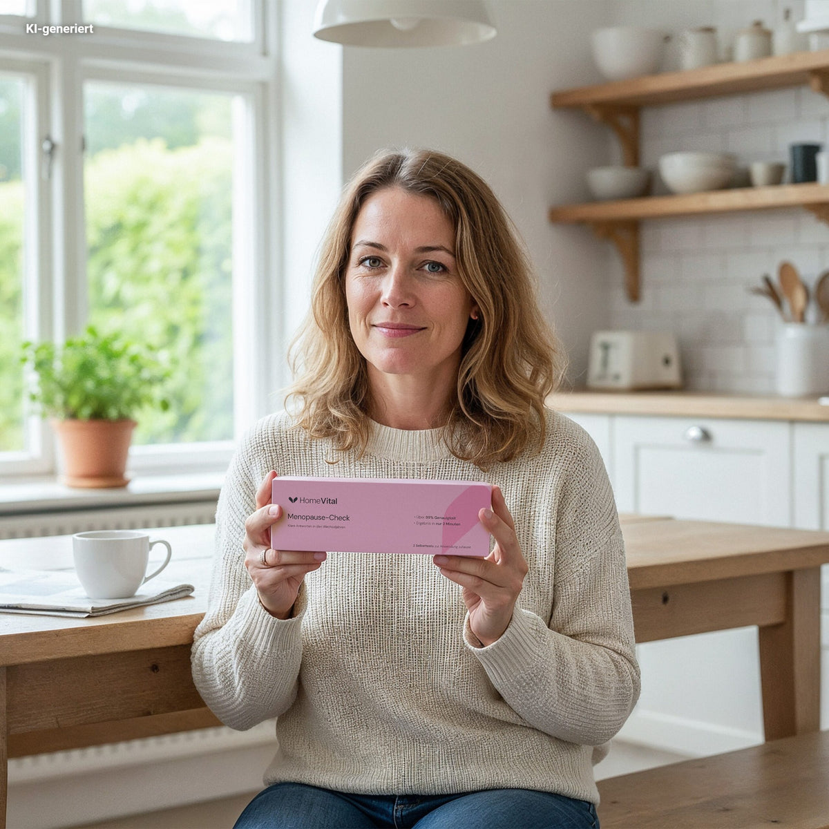 Frau am Küchentisch hält den HomeVital Menopause-Check in den Händen