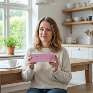 Frau am Küchentisch hält den HomeVital Menopause-Check in den Händen